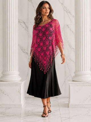 Crochet Beaded Poncho Top, Floral Lace Fringe Cape, Boho 