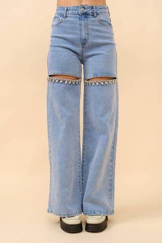 Mid Rise Crystal Slit Bottom Denim Jeans - Born To Glam