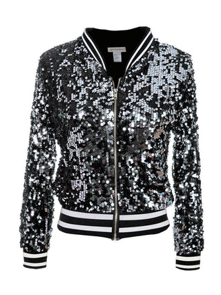Black & White Stripe Sequin Bomber Jacket front