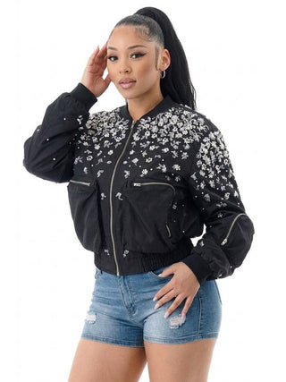Black Floral Pearl Long Sleeve Bomber Jacket – supplier photo 1