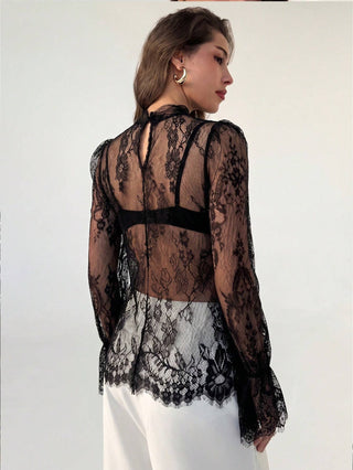 Black Sheer Lace Bell Sleeve Blouse - Black