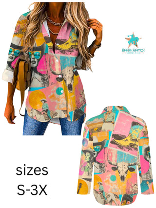 Retro Cowgirl Collage Button-Up Top — Faire photo 4