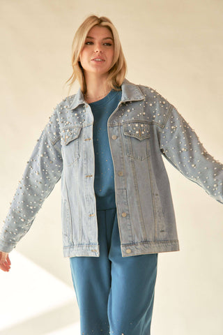 PLUS PEARL RHINESTONE DETAIL DENIM JACKET - Born To Glam