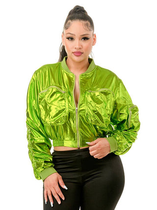 Lime Metallic Long Sleeve Bomber Jacket – front view