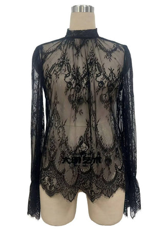 Black Sheer Lace Bell Sleeve Blouse - Black