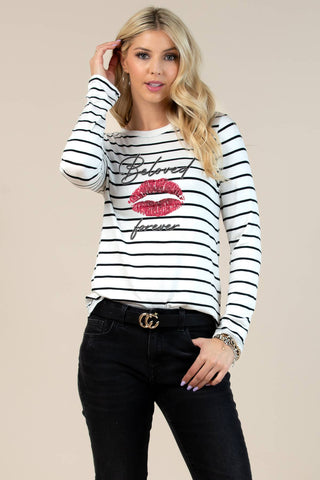 Bronx Beloved Kiss Striped Basic Long Sleeves Top - Born To Glam