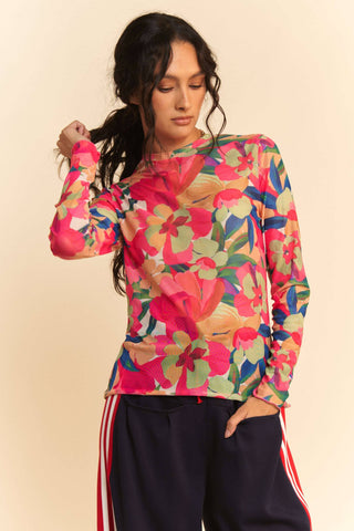 FLOWER PRINTED MESH ROUND NECK LONG SLEEVE TOP - Born To Glam