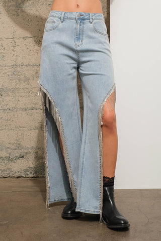 Open Side Rhinestone Fringe Jeans - Born To Glam