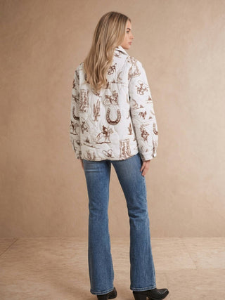 White Taupe Western Printed Quilted Shacket - Faire photo 5