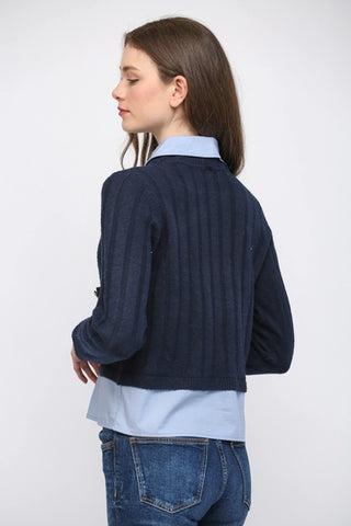 Navy Denim Patch Pocket Detail Twofer Sweater