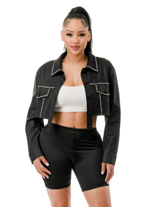 Black Jewel Trim Long Sleeve Cropped Faux Leather Jacket – front view