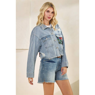 Style the Veveret Cropped Denim Jacket with Lace Floral Contrast exclusively at Born To Glam