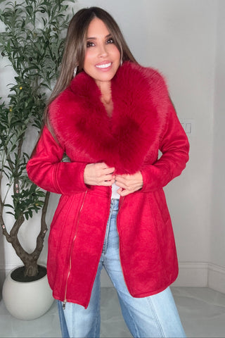 Red Luxe Faux Fur-Collar Tailored Coat - Born To Glam