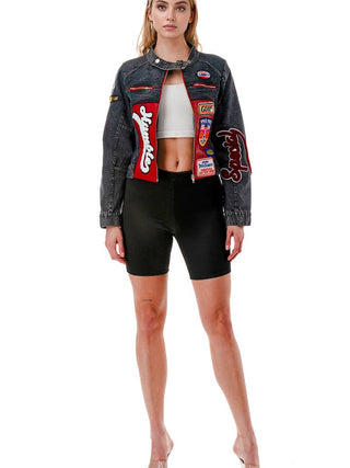 Black Racing Patch Long Sleeve Moto Denim Jacket – supplier photo 5