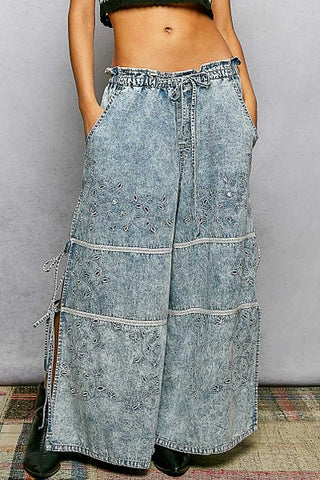 Wide Leg Denim Pants Laser Cut Detail