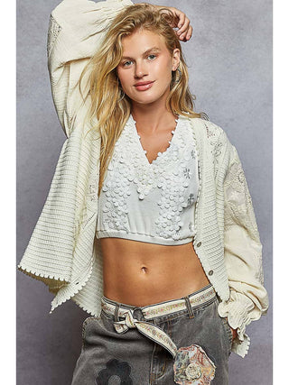 Powder Cream V Neck Solid Pattern Fabric Mixes Sweater Cardigan by Born To Glam