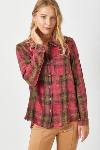 Fringe Bottom Washed Plaid Shirt by Born To Glam