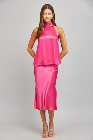 Fuchsia Satin Slip Midi Skirt
