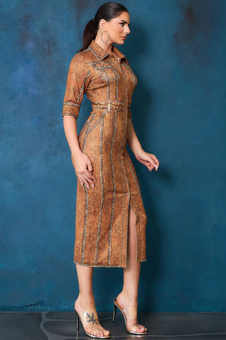 Denim Effect Button Down Short Sleeve Midi Dress - Born To Glam