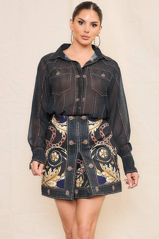 Denim Effect Indigo Gold Skirt Set - Born To Glam