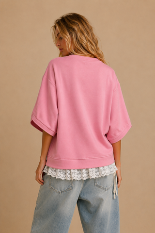 Soft Pink Rosy Bow-Embellished Short-Sleeve Top alternate view
