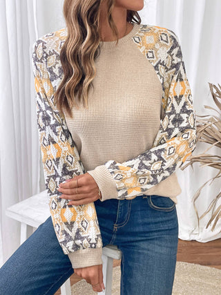Tan Textured Knit Pattern Sleeve Top detail