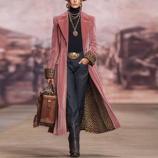 Pink Long Velvet Blazer with Leopard Cuffs