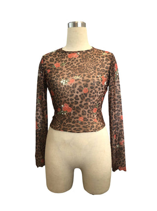 Coffee Leopard Floral Mesh Crop Top - Coffee