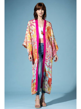 Aurora Petals pale yellow pink and fuchsia floral one sized kimono on a white background