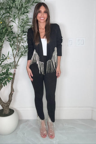 Black Crystal Fringe Hem Suede Pants - Born To Glam