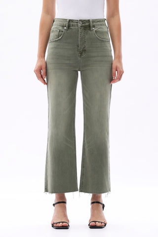 Green High Rise Cropped Distressed Wide Leg Jeans - detail