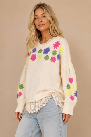 Cream Floral Embroidered Round Neck Sweater Top alternate view