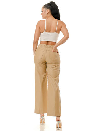 Beige Studded Wide Leg Faux Leather Pants – supplier view 7