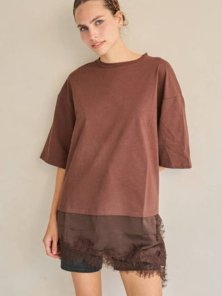 Brown Asymmetric Lace Trim Oversized Tee