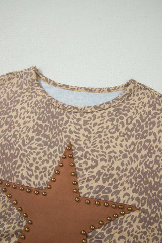 Khaki Leopard Star Patch Studded Oversized Tee — view 6