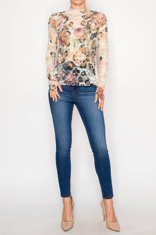 Sheer Flower Lace Mesh Long Sleeve Top – OLS-4865BG-LEO FL - Born To Glam