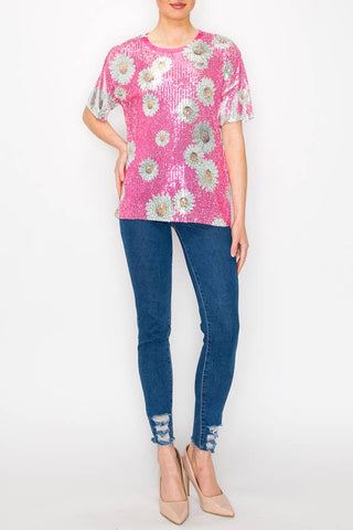 Pink Daisy Sequin Tee - Born To Glam