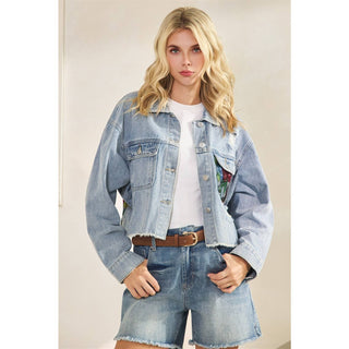 Style the Veveret Cropped Denim Jacket with Lace Floral Contrast exclusively at Born To Glam