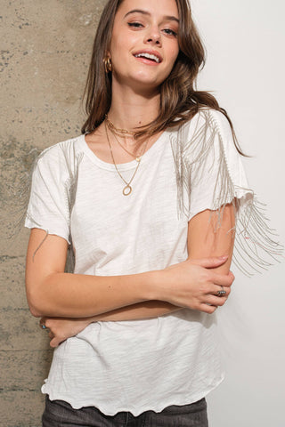 Slub Jersey Rhinestone Fringe T Shirt Top - Born To Glam