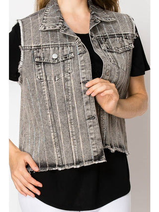Grey Crystal Stripe Denim Vest - Born To Glam