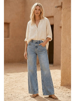 Acid Wash Adjustable Waist High Rise Wide Leg Jeans