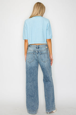 Acid Wash Adjustable Waist High Rise Wide Leg Jeans - view 4