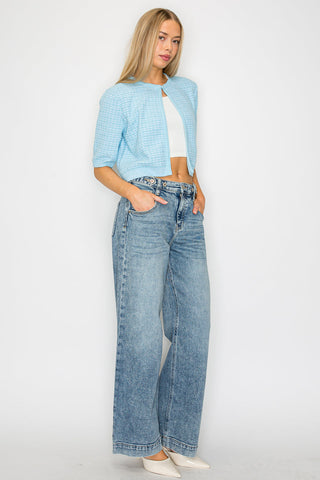 Acid Wash Adjustable Waist High Rise Wide Leg Jeans - view 3