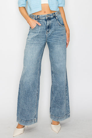 Acid Wash Adjustable Waist High Rise Wide Leg Jeans - view 5
