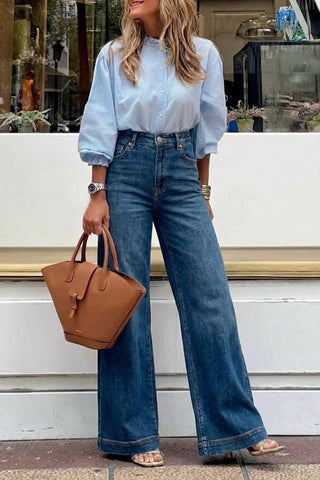Medium Wash High Rise Palazzo Jeans - view 7