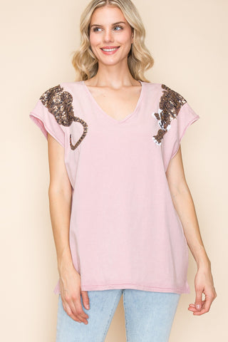 Pink Embellished Tiger V-Neck Top