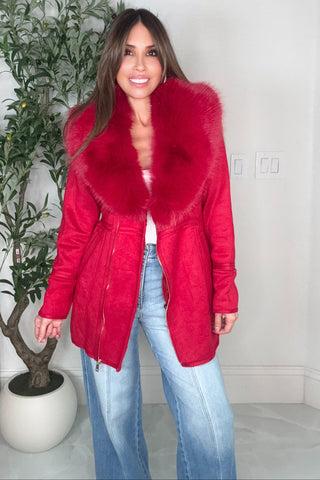 Red Luxe Faux Fur-Collar Tailored Coat - Born To Glam