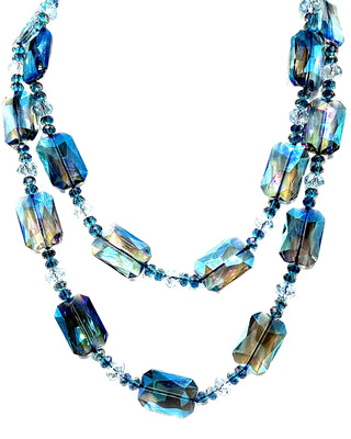 Blue Colorized Rectangle Crystal Long Necklace - Born To Glam