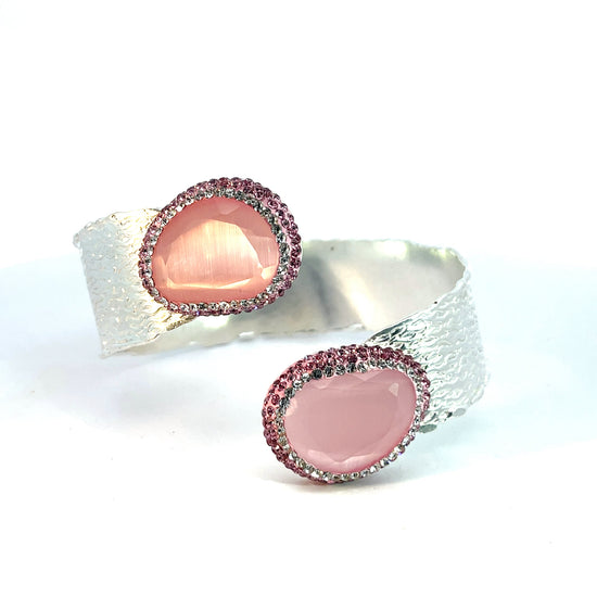 Pink Cats Eye Silver Gemstone Cuff Bracelet