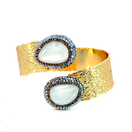 White Cats Eye Gemstone Gold Cuff Bracelet